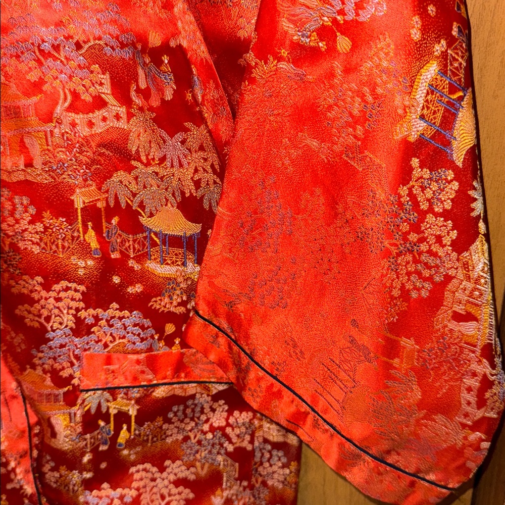 BEAUTIFUL VINTAGE ORANGE SILK ASIAN EMBROIDERED COAT LADIES JAPAN KIMONO Size M - Picture 3 of 9